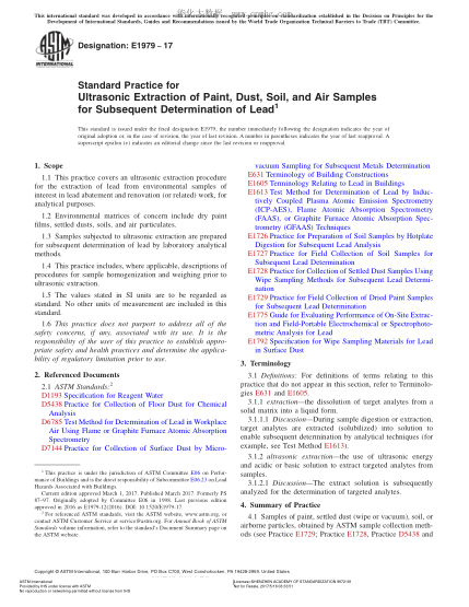 ASTM E1979-2017 后續(xù)鉛測定用涂料、灰塵、土壤和空氣試樣的超聲波提取規(guī)程 Standard Practice for Ultrasonic Extraction of Paint,Dust,Soil,and Air Samples for Subsequent Determination of Lead