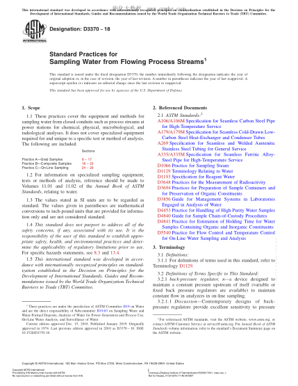 ASTM D3370-2018 從封閉式管道提取水樣的規(guī)程 Standard Practices for Sampling Water from Flowing Process Streams