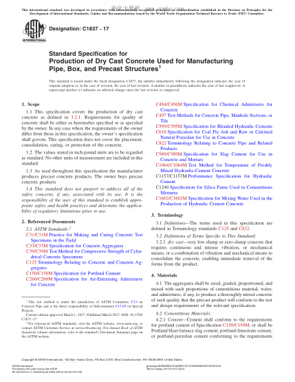 ASTM C1837-2017 管道、箱形件和預(yù)制件制造用干澆筑混凝土生產(chǎn)規(guī)格 Standard Specification for Production of Dry Cast Concrete Used for Manufacturing Pipe,Box,and Precast Structures