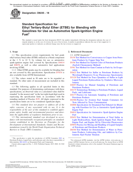 ASTM D8235-2018用作汽車火花點(diǎn)火發(fā)動(dòng)機(jī)燃料的混合了汽油的乙基叔丁基醚規(guī)格Standard Specification for Ethyl Tertiary-Butyl Ether (ETBE) for Blending with Gasolines for Use as Automotive Spark-Ignition Engine Fuel