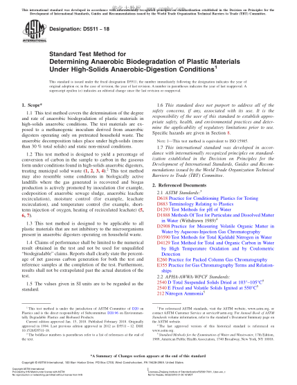 ASTM D5511-2018 高固體厭氧消化條件下塑料厭氧微生物降解測定方法 Standard Test Method for Determining Anaerobic Biodegradation of Plastic Materials Under High-Solids Anaerobic-Digestion Conditions