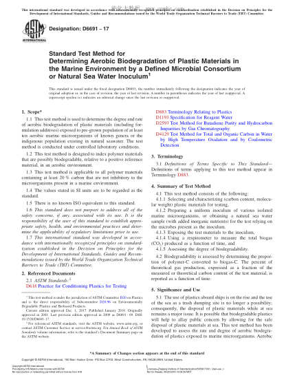 ASTM D6691-2017 由微生物社團協(xié)會測定海洋環(huán)境下塑料有氧生物降解性的試驗方法 Standard Test Method for Determining Aerobic Biodegradation of Plastic Materials in the Marine Environment by a Defined Microbial Consortium or Natural Sea Water Inoculum
