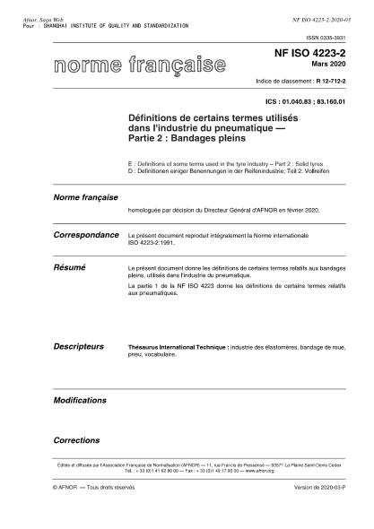 NF ISO 4223-2-2020  Definitions of some terms used in the tyre industry - Part 2 : solid tyres