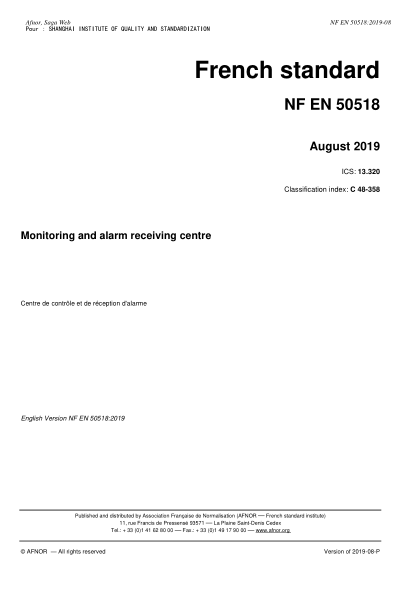 NF C48-358-2019   Monitoring and alarm receiving centre