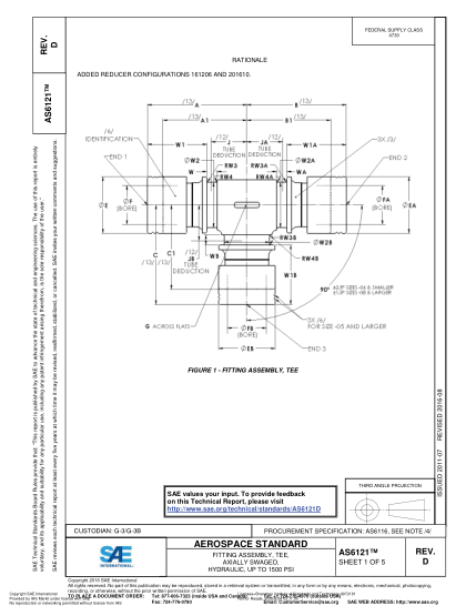 SAE AS6121D-2016  FITTING ASSEMBLY, TEE, AXIALLY SWAGED, HYDRAULIC, UP TO 1500 PSI