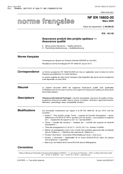 NF L90-200-20-2020  Space product assurance - Quality assurance