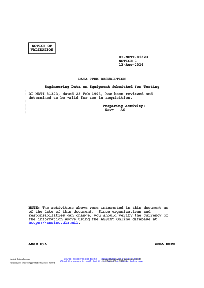 NAVY DI-NDTI-81323 VALID NOTICE 1-2014  Engineering Data On Equipment Submitted For Testing