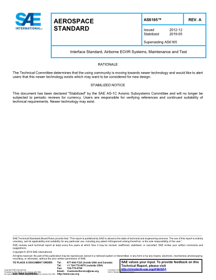 SAE AS6165A-2019  Interface Standard, Airborne Eo/Ir Systems, Maintenance And Test