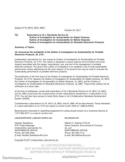 UL 2710 BULLETIN-2017  Ul Outline For Investigation Sustainability For Portable Electronic Products