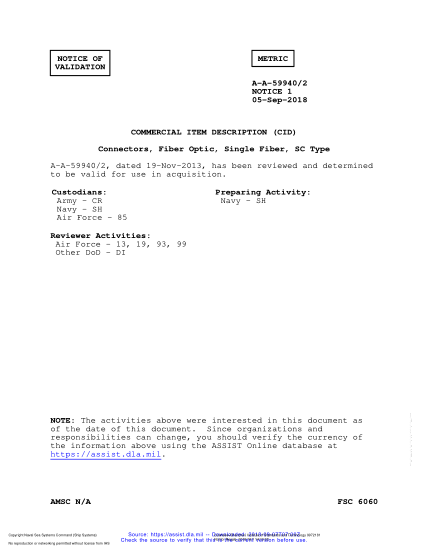 NAVY A-A-59940/2 VALID NOTICE 1-2018  Connectors, Fiber Optic, Single Fiber, Sc Type