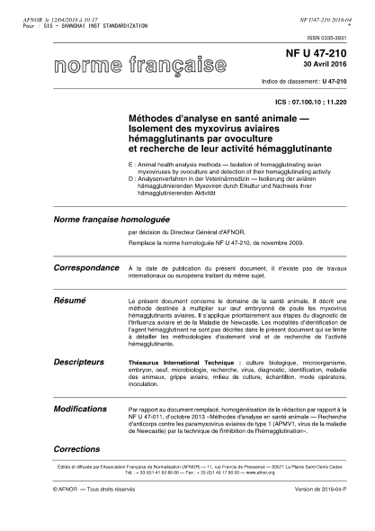 NF U47-210-2016   Animal health analysis methods - Isolation of hemagglutinating avian myxoviruses by ovoculture and detection of their hemagglutinating activity