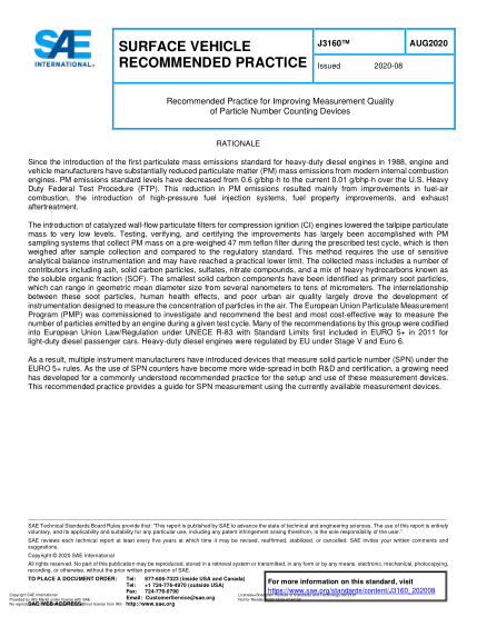SAE J3160-2020  Recommended Practice For Improving Measurement Quality Of Particle Number Counting Devices