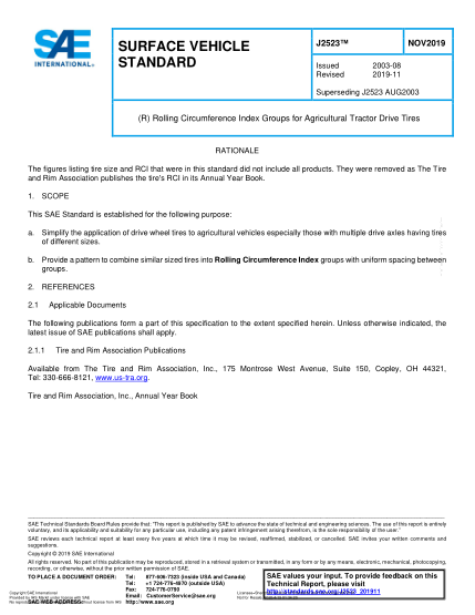 SAE J2523-2019  (R) Rolling Circumference Index Groups For Agricultural Tractor Drive Tires