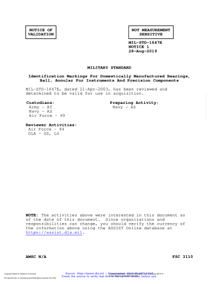 NAVY MIL-STD-1647E VALID NOTICE 1-2019  Identification Markings For Domestically Manufactured Bearings, Ball, Annular For Instruments And Precision Components