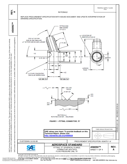 SAE AS6092A-2018  Fitting, 37° Spherical Flared, Connector, Multiple Fluid Pressure Line, 75°