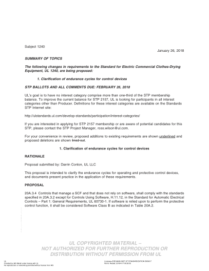 UL 1240 BULLETIN-2018  Ul Standard For Safety Electric Commercial Clothes-Drying Equipment (Comments Due: February 26, 2018)