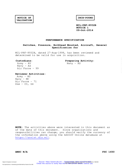NAVY MIL-PRF-8932B VALID NOTICE 1-2014  Switches,Pressure,Bulkhead Mounted,Aircraft,General Specification For
