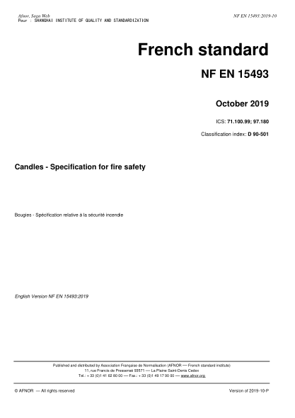 NF D90-501-2019   Candles - Specification for fire safety