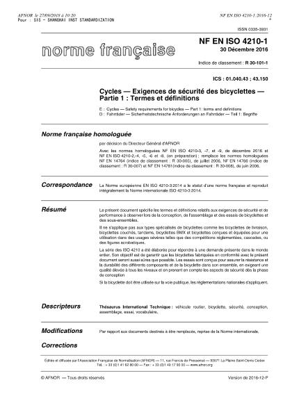 NF R30-101-1-2016   Cycles - Safety requirements for bicycles - Part 1 - terms and definitions