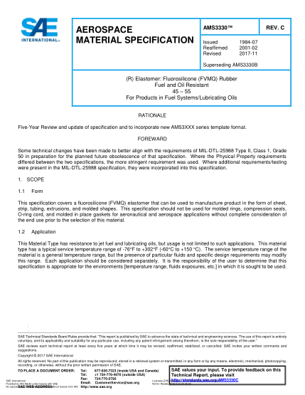 SAE AMS3330C-2017  (R) Elastomer:Fluorosilicone (Fvmq) Rubber Fuel And Oil Resistant 45 – 55 For Products In Fuel Systems/Lubricating Oils