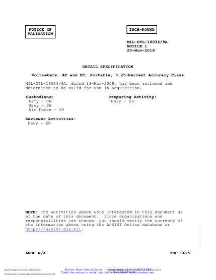 NAVY MIL-DTL-16034/9A VALID NOTICE 1-2018  Voltmeters, Ac And Dc, Portable, 0.25-Percent Accuracy Class
