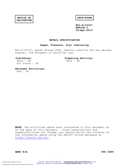 NAVY MIL-G-23337 VALID NOTICE 3-2019  Gages, Pressure, Dial Indicating