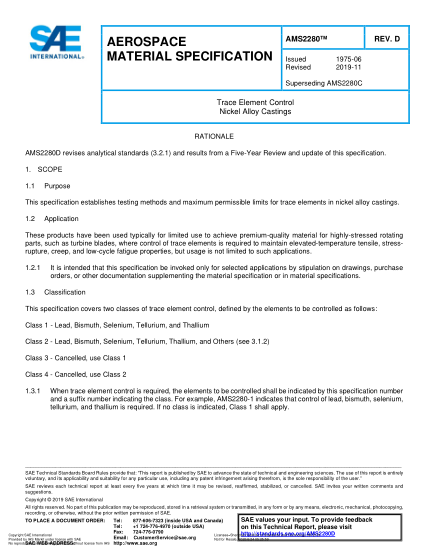 SAE AMS2280D-2019  Trace Element Control Nickel Alloy Castings
