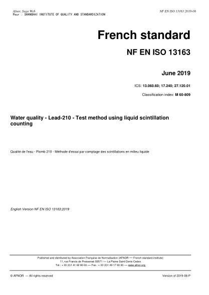 NF M60-809-2019   Water quality - Lead-210 - Test method using liquid scintillation counting