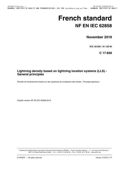 NF EN IEC 62858-2019  Lightning density based on lightning location systems (LLS) - General principles