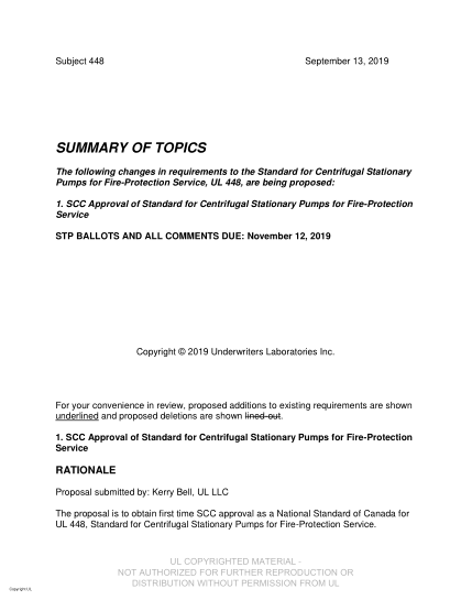 UL 448 BULLETIN-2019  UL Standard For Safety Centrifugal Stationary Pumps For Fire-Protection Service (Comments Due: November 12, 2019)