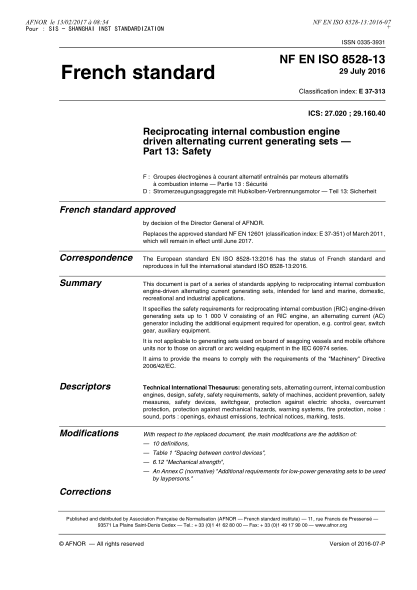 NF E37-313-2016   Reciprocating internal combustion engine driven alternating current generating sets - Part 13 - safety