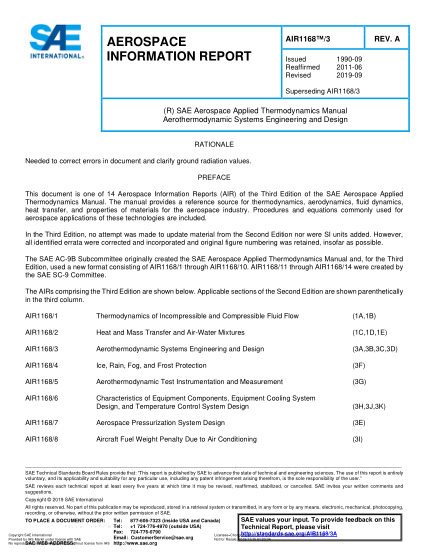 SAE AIR1168/3A-2019  (R) Sae Aerospace Applied Thermodynamics Manual Aerothermodynamic Systems Engineering And Design