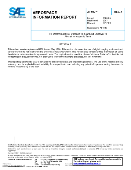 SAE AIR902A-2017  (R) Determination Of Distance From Ground Observer To Aircraft For Acoustic Tests