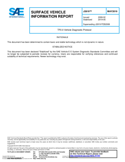 SAE J2819-2019  Tp2.0 Vehicle Diagnostic Protocol